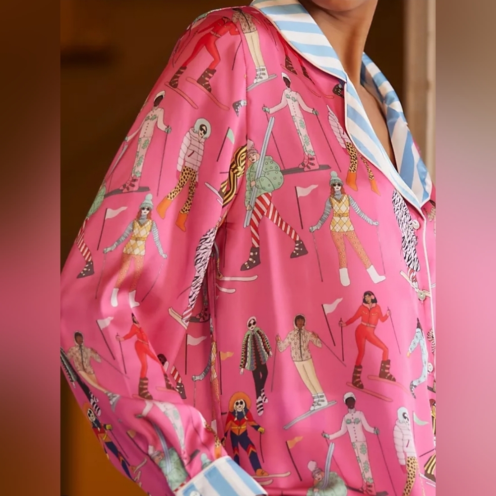 Karen Mabon Bright Pink Ski Print Button-Up Sleepwear Blouse. Size XS
